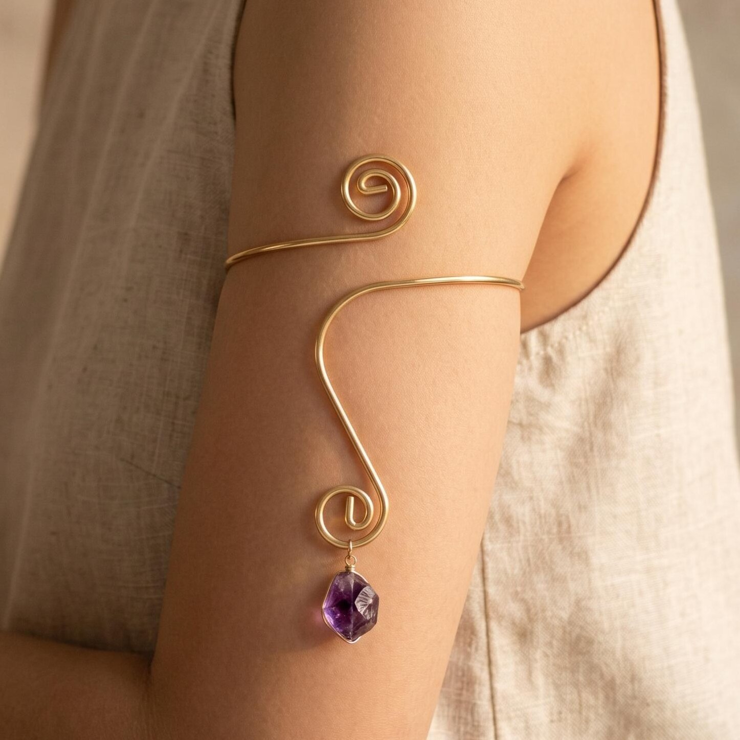 Spiral Amethyst Open Arm Bracelet Light Luxury Upper Arm Ring - Image 3
