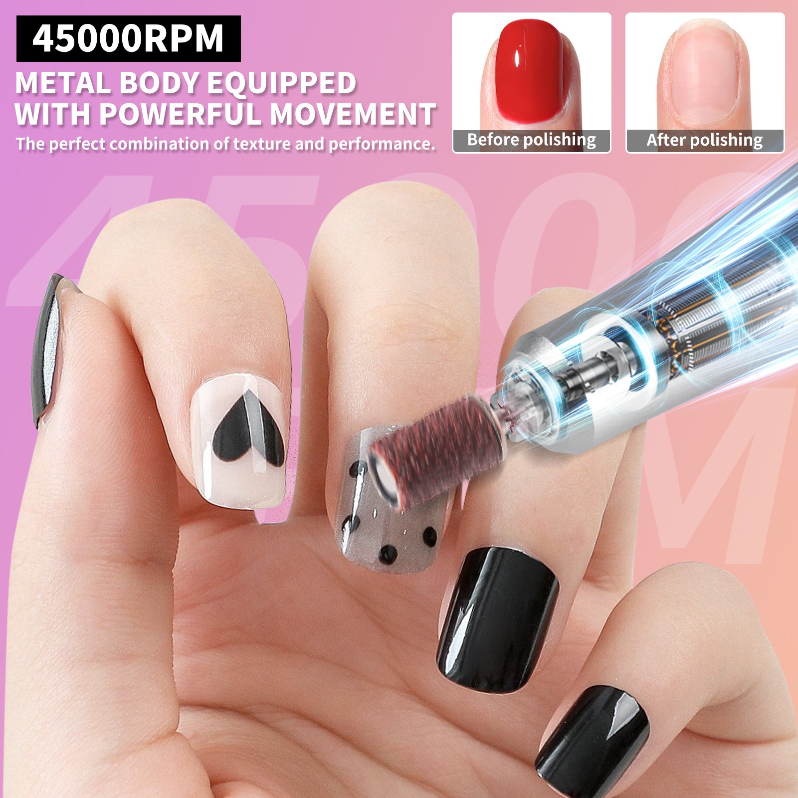 Rechargeable Nail Drill 45000 RPM - Electric Nail File For Shaping, Removing & Polishing Gel Nails-Lightweight & Easy To Use-Perfect For Home & Salon Manicure Pedicure - Image 4