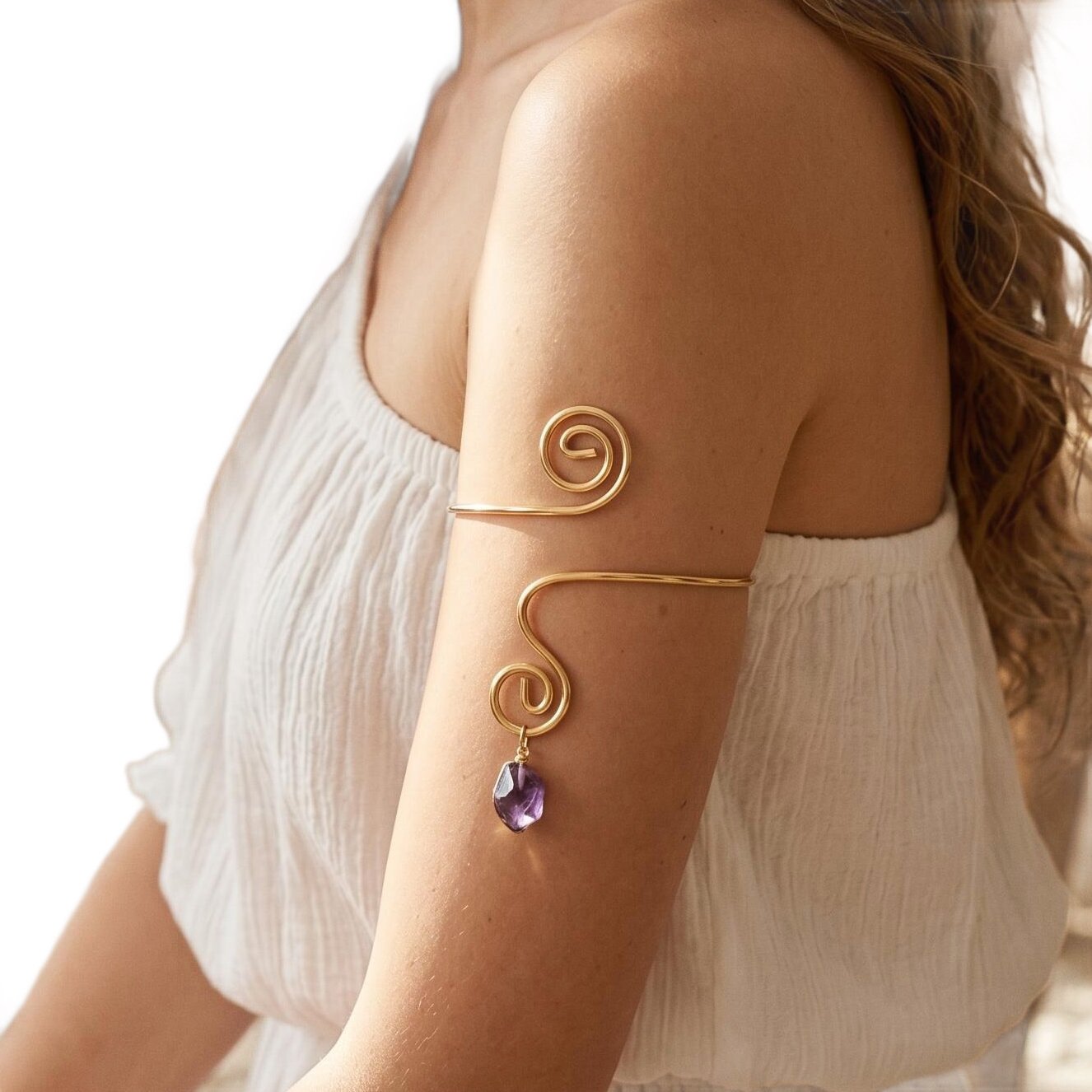 Spiral Amethyst Open Arm Bracelet Light Luxury Upper Arm Ring - Image 5