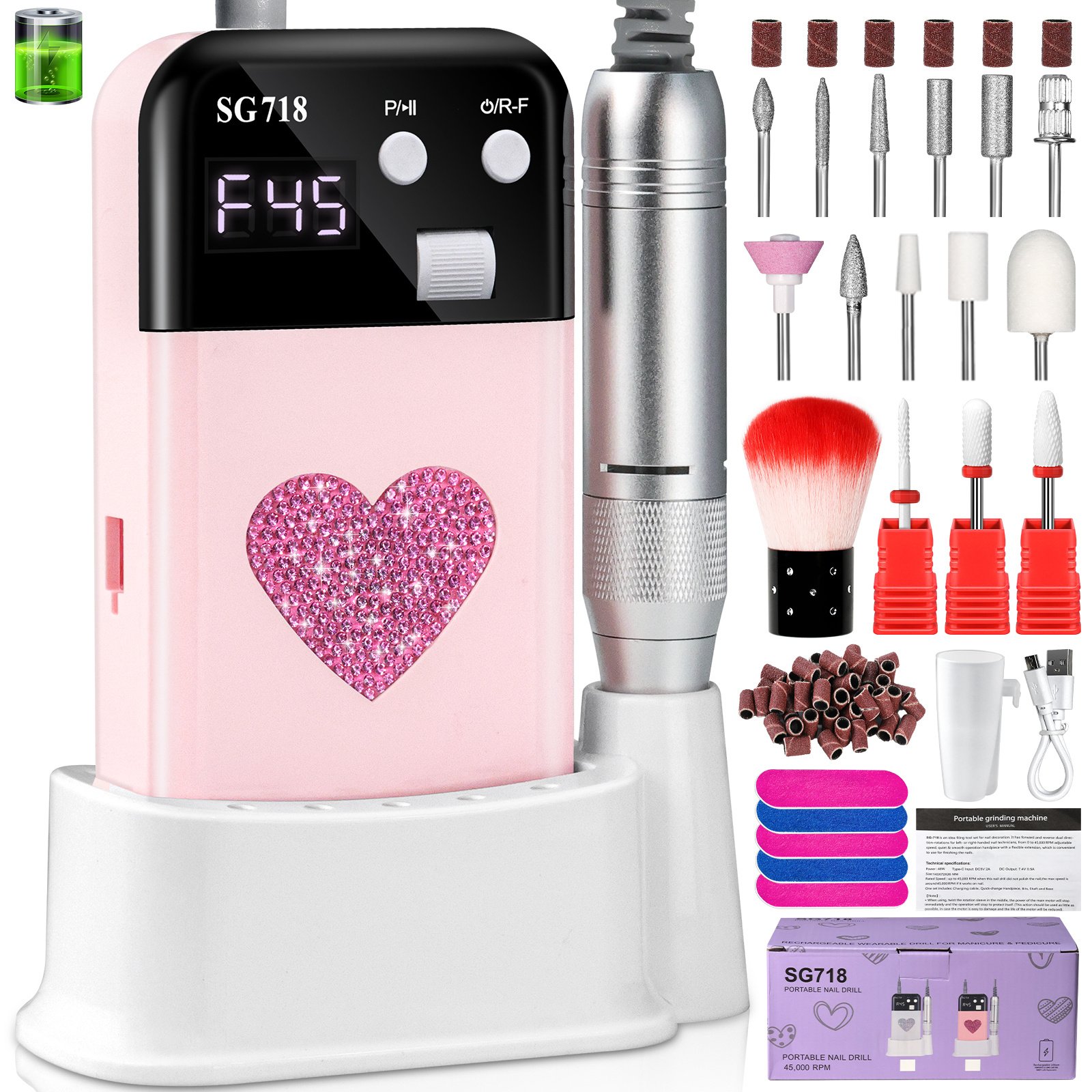 Rechargeable Nail Drill 45000 RPM - Electric Nail File For Shaping, Removing & Polishing Gel Nails-Lightweight & Easy To Use-Perfect For Home & Salon Manicure Pedicure - Image 6