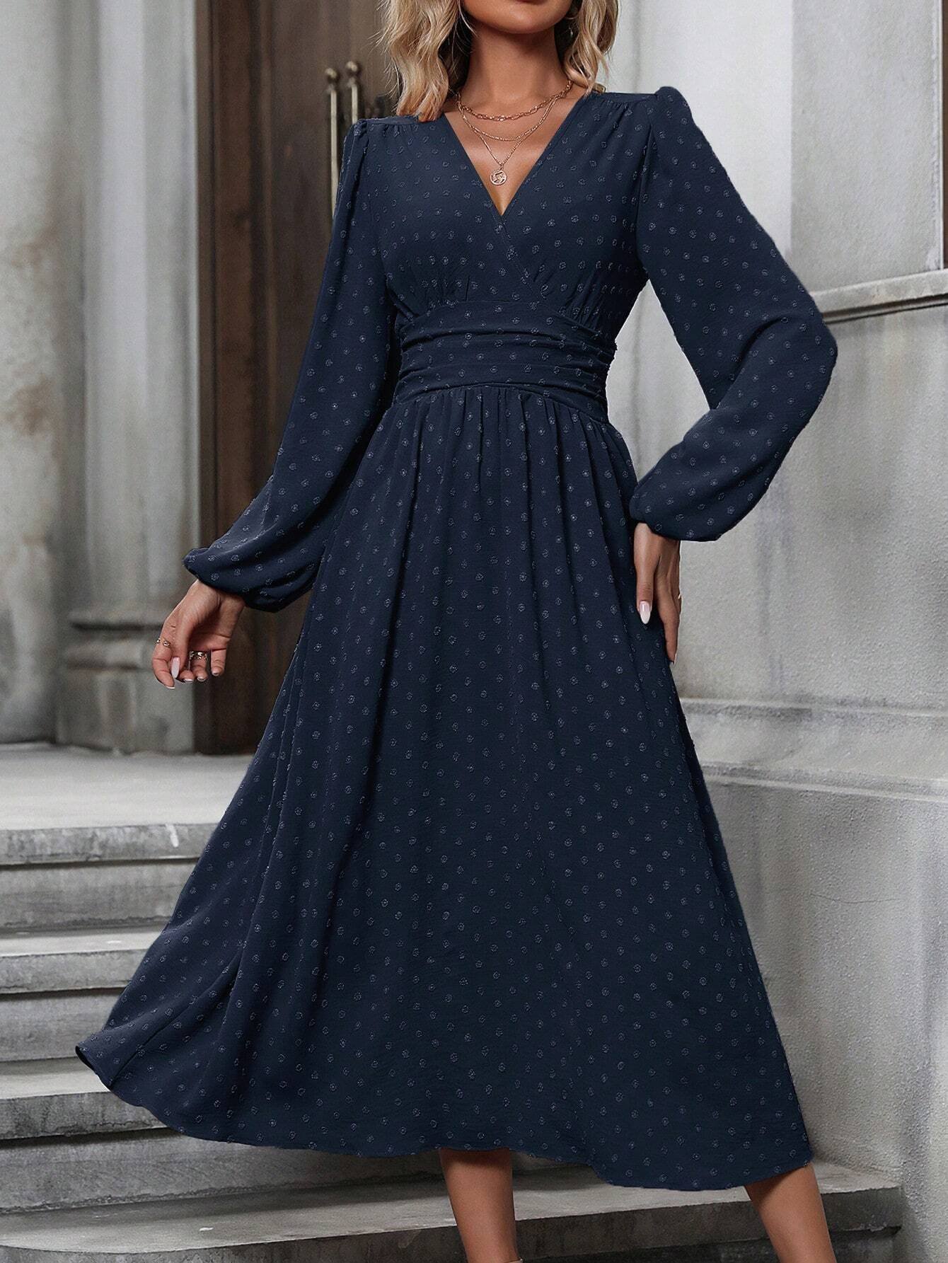 medium fur ball diagonal collar lantern sleeve pleated waist dress - Image 3