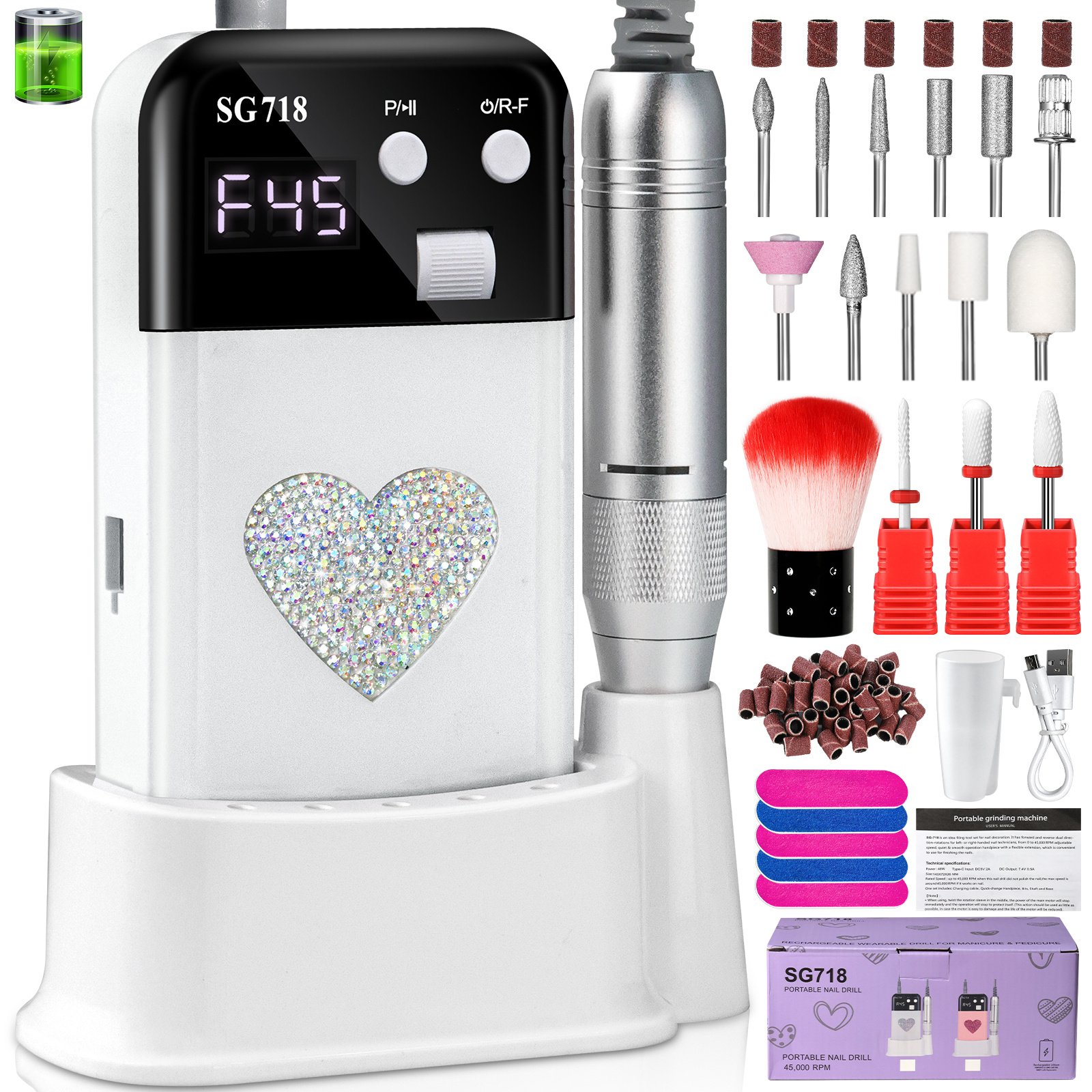 Rechargeable Nail Drill 45000 RPM - Electric Nail File For Shaping, Removing & Polishing Gel Nails-Lightweight & Easy To Use-Perfect For Home & Salon Manicure Pedicure - Image 5
