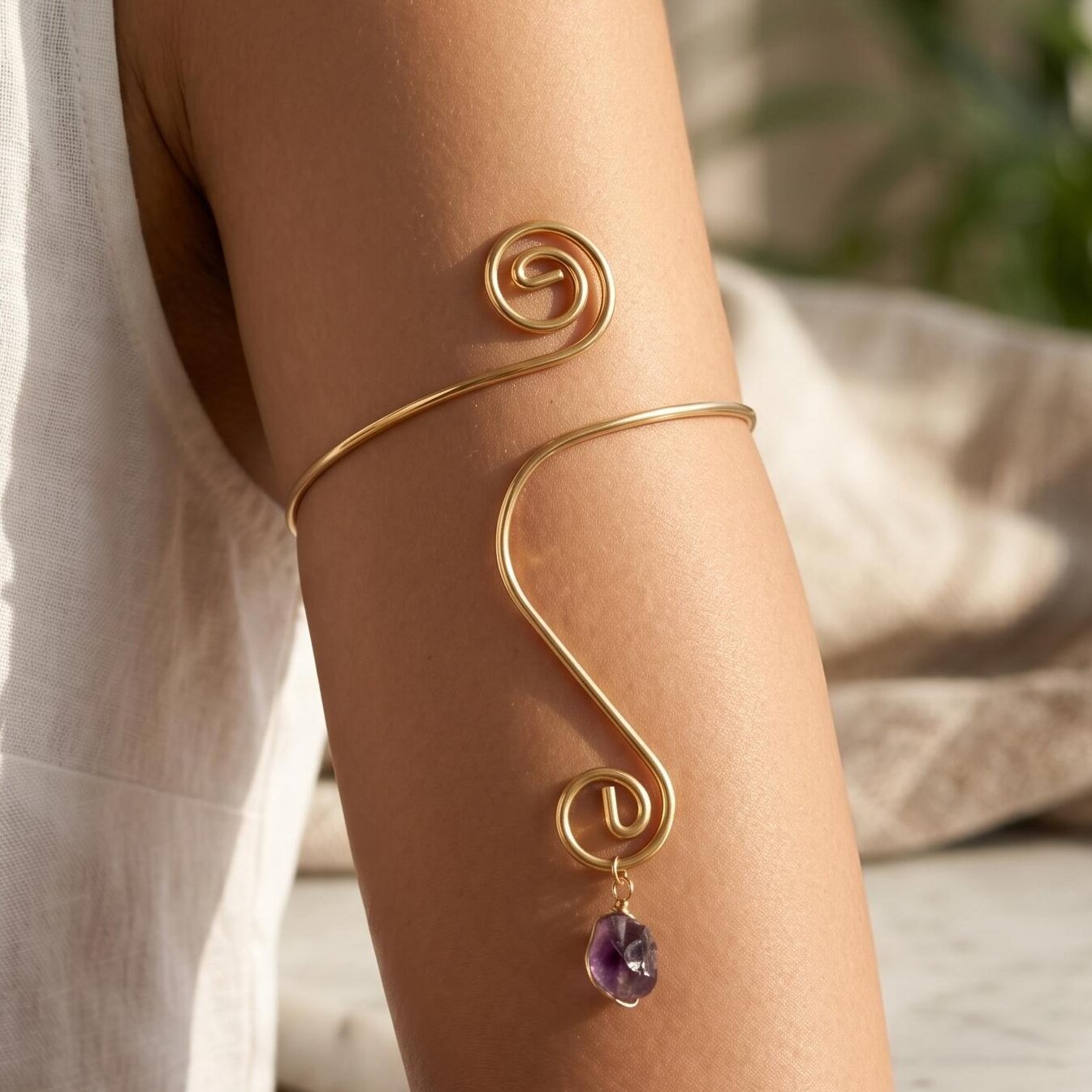 Spiral Amethyst Open Arm Bracelet Light Luxury Upper Arm Ring - Image 2