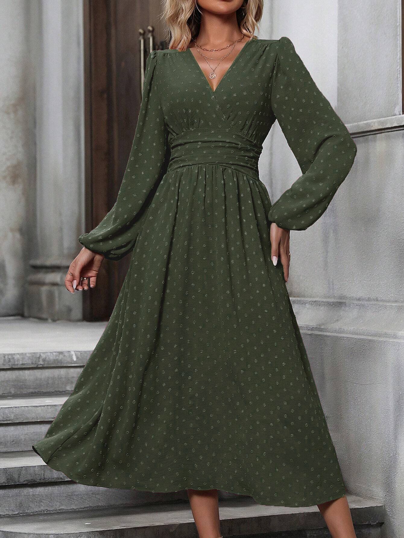medium fur ball diagonal collar lantern sleeve pleated waist dress - Image 4